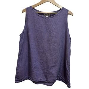 FLAX 100% Linen Tunic Top L Sleeveless Horizontal Striped Lagenlook Cottage Boho